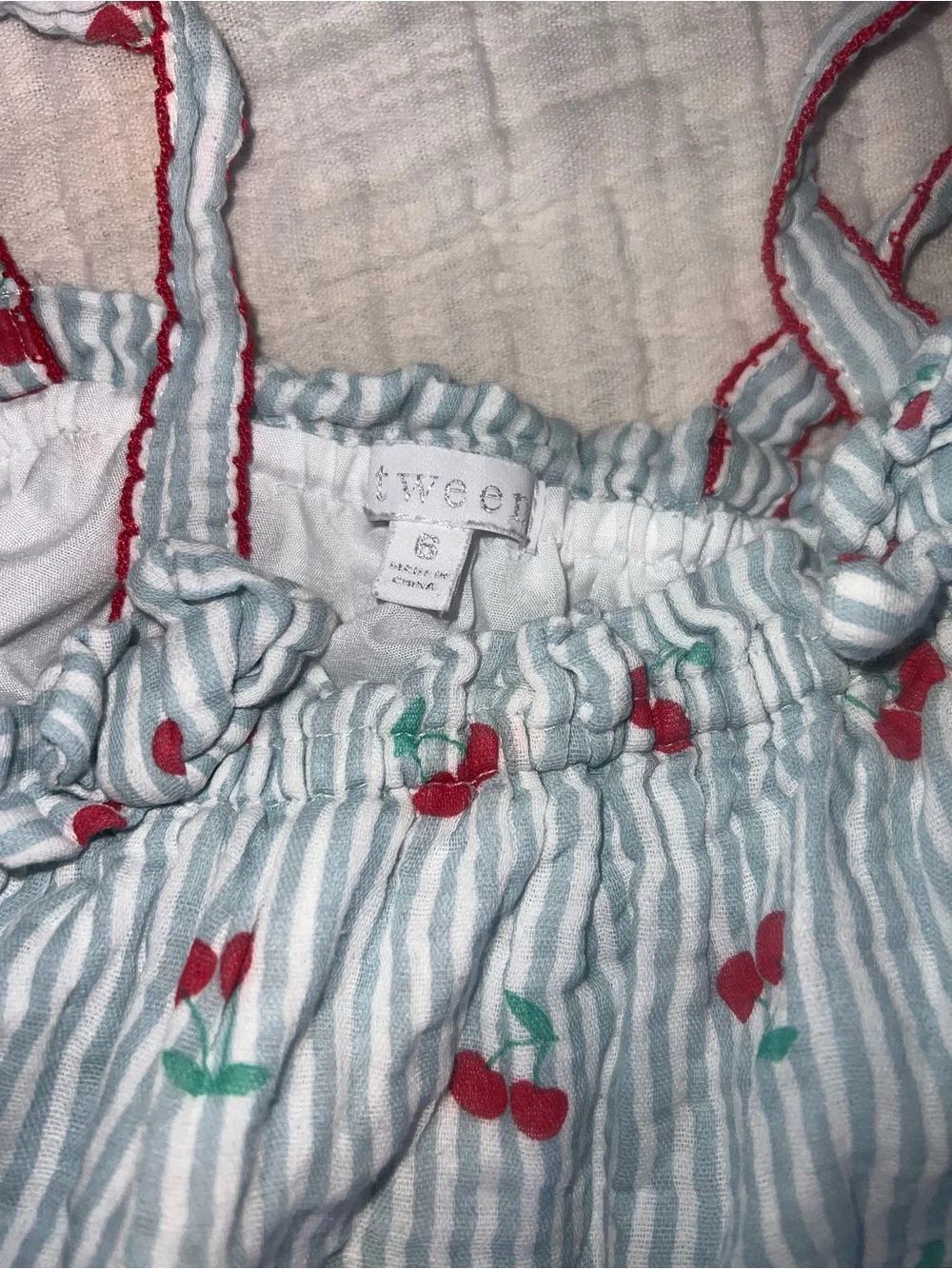btween White Striped Cherry Print Tank and Pants Set - Red/Green